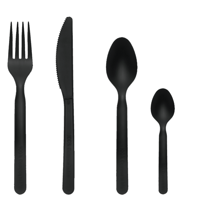 bestek set zwart, vork, lepel, dessertlepel - BioDisposables.shop